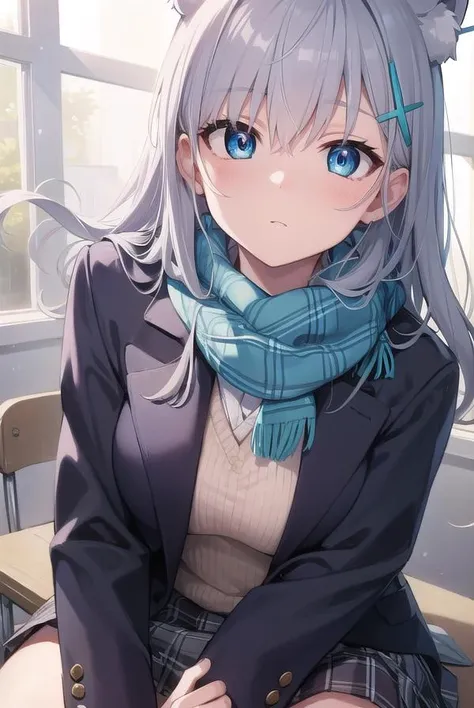 bluearchiveshiroko, <lyco:shiroko-lyco-nochekaiser:1>,
shiroko, animal ears, blue eyes, grey hair, hair ornament, hairpin, halo, medium hair, wolf ears,
BREAK checkered clothes, checkered skirt, school uniform, skirt, scarf,
BREAK looking at viewer,
BREAK indoors, classroom,
BREAK <lyco:GoodHands-beta2:1>, (masterpiece:1.2), best quality, high resolution, unity 8k wallpaper, (illustration:0.8), (beautiful detailed eyes:1.6), extremely detailed face, perfect lighting, extremely detailed CG, (perfect hands, perfect anatomy),