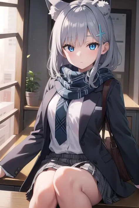 masterpiece, highest quality, Super detailed, indoors, animal ears,School ,Hello,gray hair,medium hair,blue eyes,blue scarf,white shirt,(blue jacket:1.1) , No expression,,open your mouth,dripping saliva,Male 1,rub one's crotch against one's face,