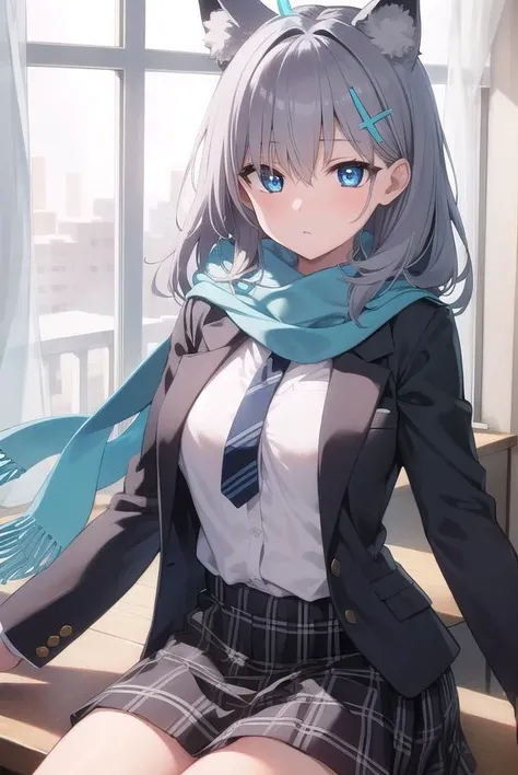 bluearchiveshiroko, <lyco:shiroko-lyco-nochekaiser:1>,
shiroko, animal ears, blue eyes, grey hair, hair ornament, hairpin, halo, medium hair, wolf ears,
BREAK checkered clothes, checkered skirt, school uniform, skirt, scarf,
BREAK looking at viewer,
BREAK indoors, classroom,
BREAK <lyco:GoodHands-beta2:1>, (masterpiece:1.2), best quality, high resolution, unity 8k wallpaper, (illustration:0.8), (beautiful detailed eyes:1.6), extremely detailed face, perfect lighting, extremely detailed CG, (perfect hands, perfect anatomy),