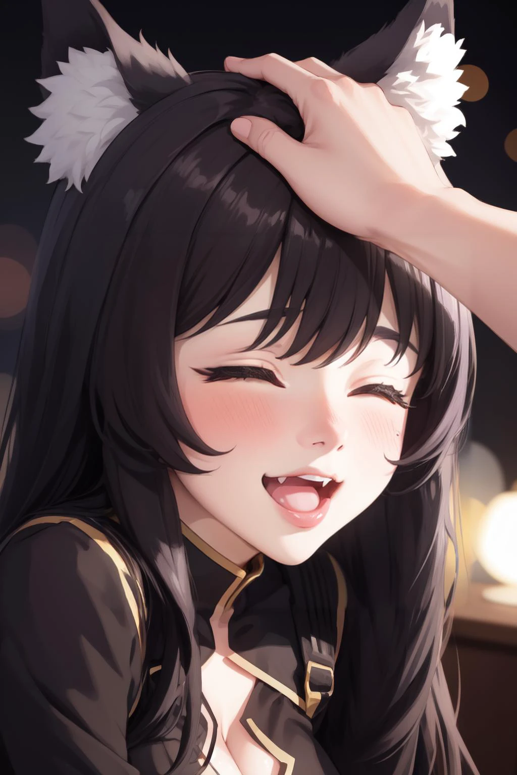 masterpiece, best quality, <lora:delta-nvwls-v1:0.9> 1woman, delta, black hair, wolf ears, black bodysuit, (cleavage cutout:0.75), gold trim, (fur trim, close-up), [[[from side]]], closed eyes, facing viewer, (blush, happy, smile:1.1), open mouth, (upper teeth, fangs), <lora:HeadpatPOVV2:0.9> IncrsHeadpatPOV, headpat, pov, (night, [[bokeh]], blurry background:1.2), (from above:0.3), leaning forward, (fidgeting, motion lines:1.1),