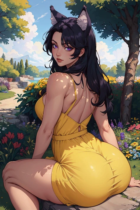 (masterpiece,best quality,absurdres,beautiful,aesthetic,detailed),outside,garden,dappled sunlight,flowers,sitting,1girl,edgYSD,big booty,looking at viewer,woman wearing a yellow sundress,,delta,wolf ears,purple eyes,black hair,slight smile,<lora:delta-nvwls-v1:0.75> <lora:edgChamYellowSundress:0.8>
