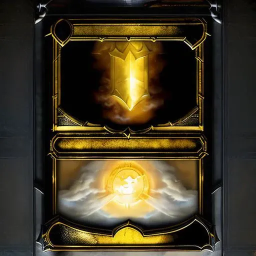 bct2,black and gold colour, card that looks like a bank vault, heroic fantasy style, black background, chest in the picture frame at the top, cloud texture text box at the bottom, coin symbol at the top right, shield symbol at the bottom left, masterpiece, best quality, <lora:bct2_2080_basic:4.0>
