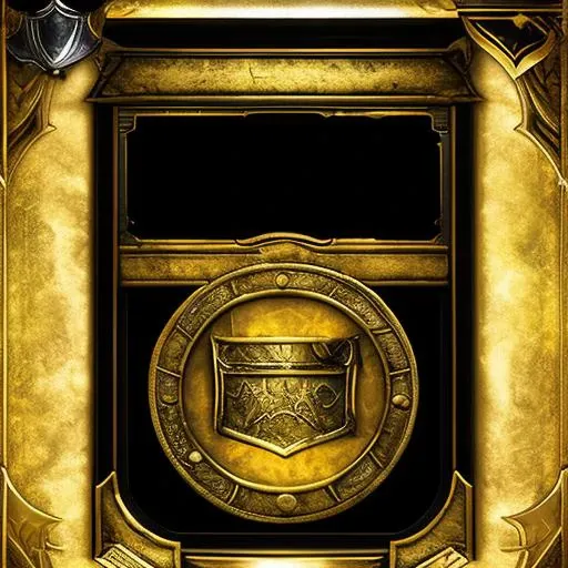bct2,black and gold colour, card that looks like a bank vault, heroic fantasy style, black background, chest in the picture frame at the top, cloud texture text box at the bottom, coin symbol at the top right, shield symbol at the bottom left, masterpiece, best quality, <lora:bct2_2080_basic:2.0>
