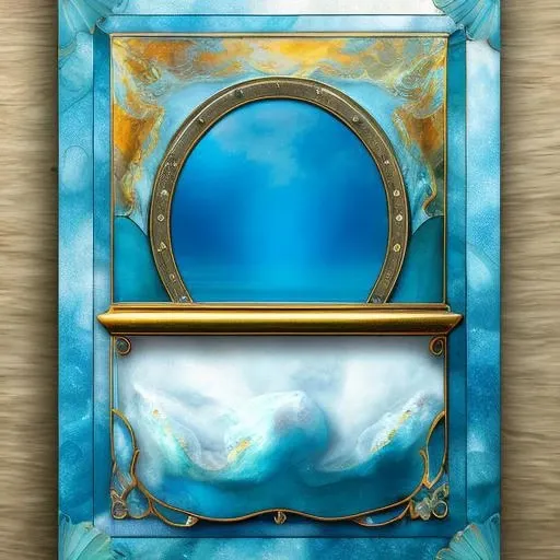 a blank trading card, dreamy sea blue, fantasy style, with a picture box, (masterpiece, best quality:1.2), a picture box, a subtitle box and a text box <lora:bct-render3:0.35>