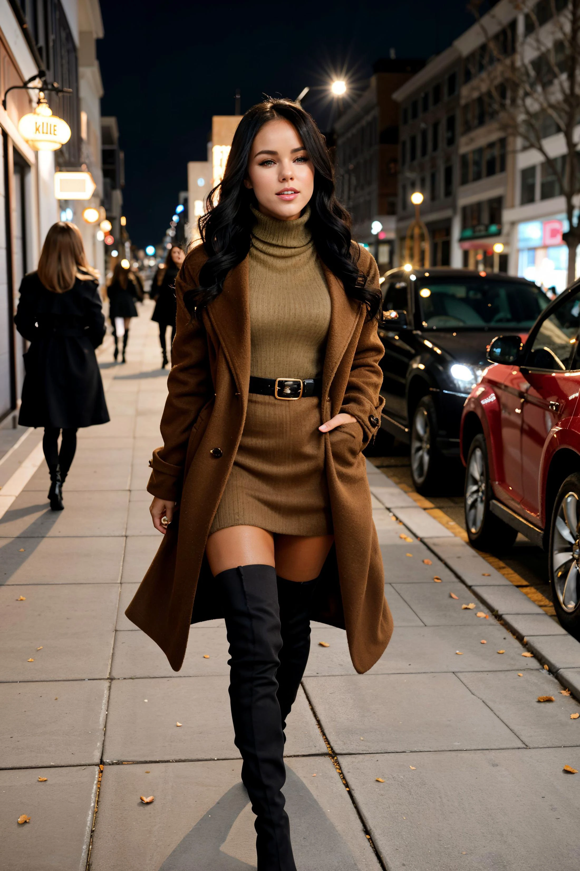 photo of beautiful (S009_MeganRain:0.99), with beautiful hair, smug, smirking,<lora:edgAutumnDressCode:0.8> wearing edgADC, (((wearing an oversized tan long wool coat))), a black skirt, (((a red turtle neck))), (((black pantyhose))), thigh high boots, walking on a tree lined sidewalk of a town in the fall at night lots of people in the background, seductive dynamic pose, makeup, eye-liner, lip gloss, eye shadow, jewelry, bracelet, perfect feet, dim lighting, back lit,