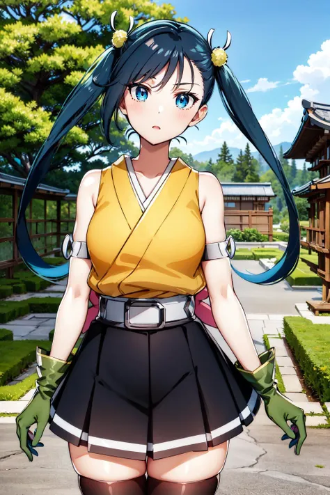 masterpiece, best quality, highres, 1girl, blue hair, twintails, gloves, blue eyes, long hair, japanese clothes, yellow shirt, belt, black skirt, miniskirt, thighhighs, <lora:hibachi_v1:0.7>, cowboy shot, outdoors