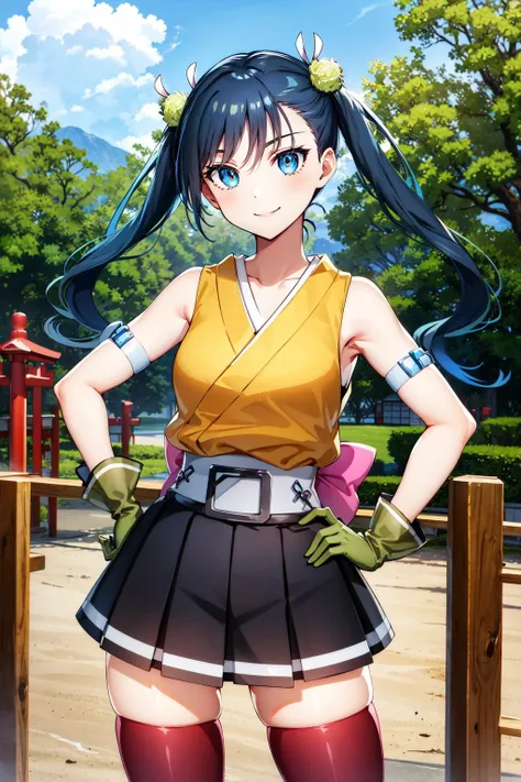 masterpiece, best quality, highres, 1girl, blue hair, twintails, gloves, blue eyes, long hair, japanese clothes, yellow shirt, belt, black skirt, miniskirt, thighhighs, <lora:hibachi_v1:0.7>, cowboy shot, outdoors, hand on hip, smile