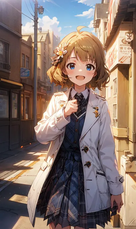 (best quality, HDR, masterpiece, 8K, ultra detailed:1.2), momoko suou (million live), cinematic angle, sparkle, shiny skin, backlighting, light particles,
outdoor, day, dappled sunlight, street, building, blue sky, beautiful clouds,
1girl, solo, cowboy shot, smile, :d, open mouth, blush,
hair ornament, long sleeves, white skirt, plaid, white jacket, coat, collared shirt, white coat, dress, pleated skirt