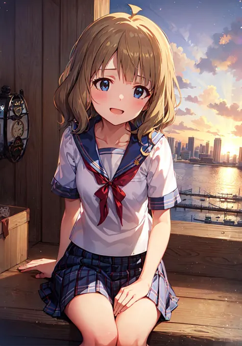 momoko suou (million live), (best quality, 8K, masterpiece, ultra detailed:1.2), dynamic pose, cinematic angle, cowboy shot, light particles, sparkle, beautiful detailed eyes, shiny skin, shiny hair, sunbeam, wide shot, depth of field, backlighting,
sea, sunset, beautiful clouds, gradient sky, contrail, star, midnight, sailing ship, cityscape, skyline,
1girl, solo, skirt, smile, cute, happy, sailor collar, shirt, pleated skirt, layered skirt, short sleeves, school uniform, serafuku, collarbone, ribbon, bow, sitting,