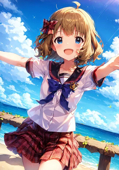 momoko suou (million live), (best quality, 8K, masterpiece, ultra detailed:1.2), dynamic pose, cinematic angle, cowboy shot, light particles, sparkle, beautiful detailed eyes, shiny skin, shiny hair,
sea, day, dappled sunlight, blue sky, beautiful clouds,
1girl, solo, skirt, smile, cute, happy, open mouth, sailor collar, shirt, pleated skirt, short sleeves, :d, school uniform, serafuku, collarbone, ribbon, bow, outstretched arms,