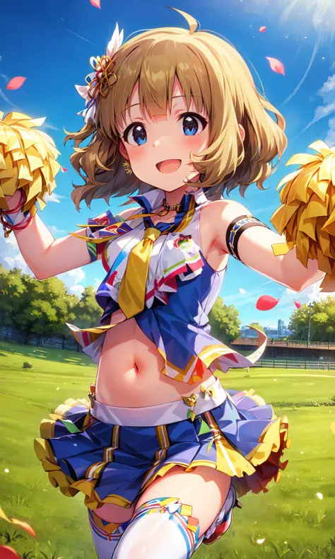 momoko suou (million live), (best quality, 8K, masterpiece, ultra detailed:1.2), dynamic pose, cinematic angle, cowboy shot, light particles, sparkle, beautiful detailed eyes, shiny skin, shiny hair, sunbeam, wide shot, depth of field, backlighting,
day, beautiful clouds, gradient sky, dappled sunlight, contrail, outdoors, reflective floor, park, flowery meadow, wind,
1girl, solo, miniskirt, layered skirt, smile, cute, happy, big eyes, pleated skirt, short sleeves, navel, cheerleader, pom pom \(cheerleading\), collarbone, white hair flower, ribbon, bow, standing on one leg, earrings, armlet, bracelet, arm ribbon, necktie, thighhighs, outstretched arm, petals,