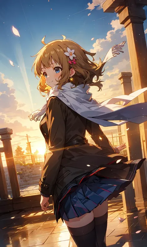 momoko suou (million live), (best quality, 8K, masterpiece, ultra detailed:1.2), volume lighting, dynamic pose, cinematic angle, cowboy shot, light particles, sparkle, beautiful detailed eyes, shiny skin, shiny hair, sunbeam, (wide shot, depth of field), backlighting, lens flare,
day, afternoon, beautiful clouds, dappled sunlight, outdoors, reflective floor, winter, warm sunshine, ancient architecture, cobblestone, historical, silent and peaceful, wind,
1girl, solo, winter coat, pleated miniskirt, sedective smile, white thighhighs, wooden scarf, hair flower, earrings, silhouette, from behind, floating hair, wary hair, petals