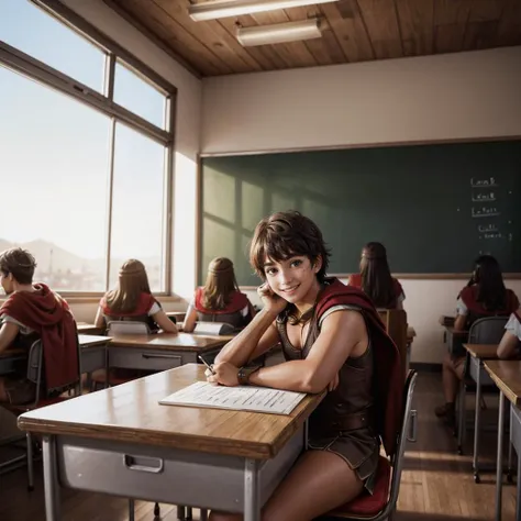 <lora:300sprtns:1> 300sprtns sitting at a desk, school classroom, writing, smiling