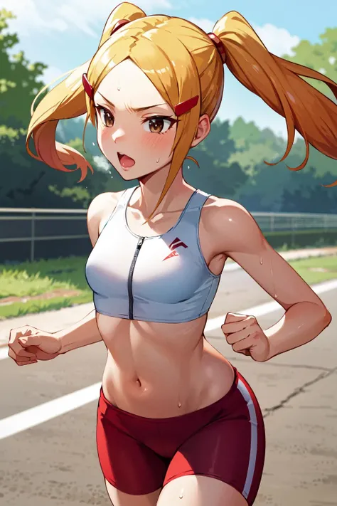 8k portrait of of marion_rousse, blond hair, tanktop, upper body, 1girl smirk, masterpiece, trending on artstation, (sweaty), pink lips, sexy, sport, gym, cycling clothes,, bike short,ponytail hair, hands and hips, mountains and waterfall in the background, masterpiece, highres, very detailed, cameltoe <lora:marion_rousse-000007:1>