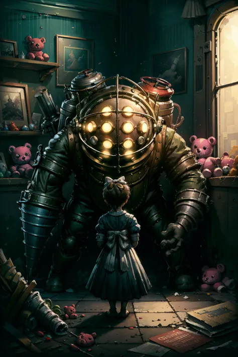 (masterpiece, best quality:1.2),  <lora:big_daddy-20:0.7>,bigdaddyBS_soul3142, 1girl, solo, dress, bow, hair bow, indoors, from behind, stuffed toy, stuffed animal, teddy bear