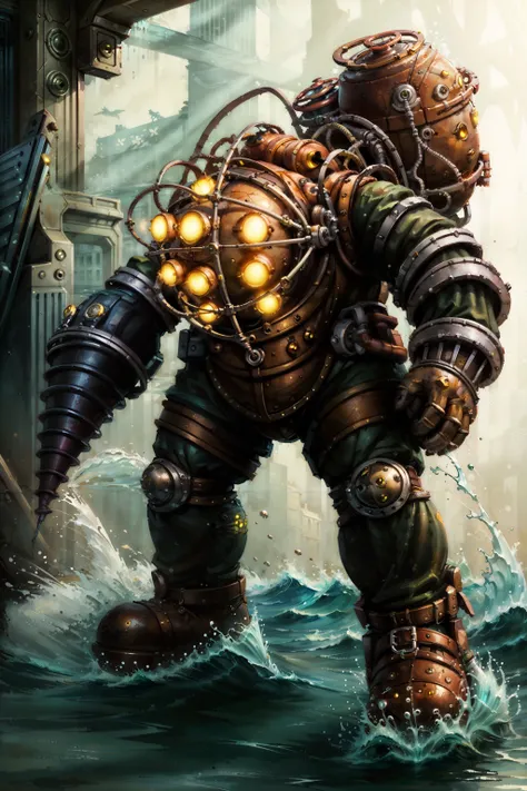 (masterpiece, best quality:1.2), <lora:big_daddy-20:0.7>, bigdaddyBS_soul3142, solo, gloves, standing, full body, yellow eyes, boots, water, glowing, robot, nature,