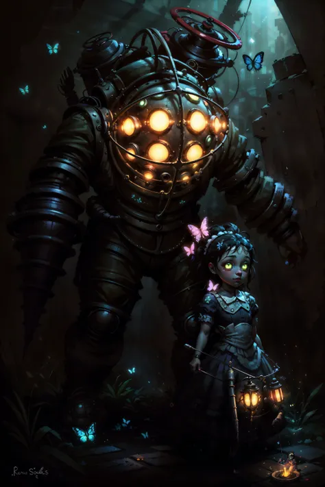 (masterpiece, best quality:1.2),  <lora:big_daddy-20:0.7>, bigdaddyBS_soul3142, 1girl, black hair, dress, glowing, bug, robot, butterfly, glowing eyes