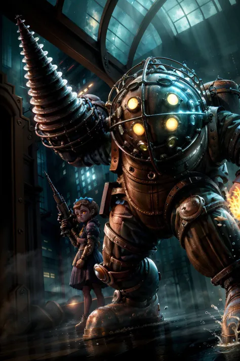 (masterpiece, best quality:1.2),  <lora:big_daddy-20:0.7>, bigdaddyBS_soul3142, 1girl, brown hair, dress, holding, weapon, armor, gun, glowing, glowing eyes, science fiction, size difference