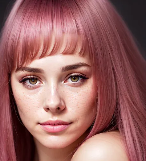 portrait of a beautiful sexy young woman , dreamike eyes, skin pores texture, pink long hair, bangs, smirk, (epic:1.2), (single color background:1.4),(dark studio lighting, sony a7, 50 mm, matte skin, pores, colors, hyperdetailed, hyperrealistic)<lora:Mlauv Mary:1>