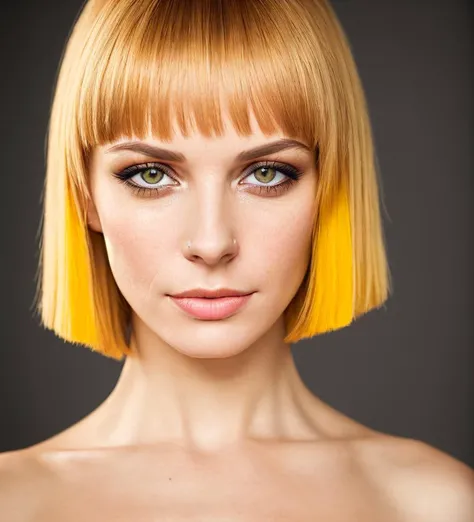 portrait of a beautiful sexy young woman anvertinskaya, dreamike eyes, yellow dress, bangs, smirk, (epic:1.2), (single color background:1.4),(dark studio lighting, sony a7, 50 mm, matte skin, pores, colors, hyperdetailed, hyperrealistic)<lora:Mlauv Mary:1>
