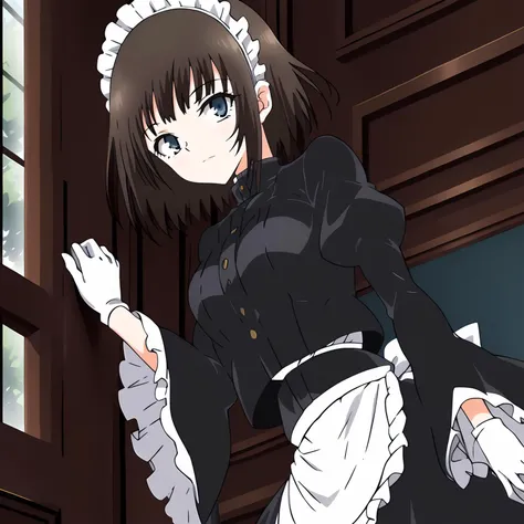 <lora:RurikawaTsubakiXLpony001>,
solo,
RurikawaTsubaki,1girl,brown hair,short hair,blue eyes,
maid headdress,
maid,wide_sleeves,
white gloves,
waist apron,
skirt,frills,