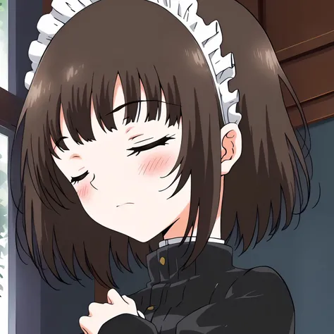 <lora:RurikawaTsubakiXLpony001>,
blush,closed eyes,
solo,
RurikawaTsubaki,1girl,brown hair,short hair,
maid,black jacket,
upper body,