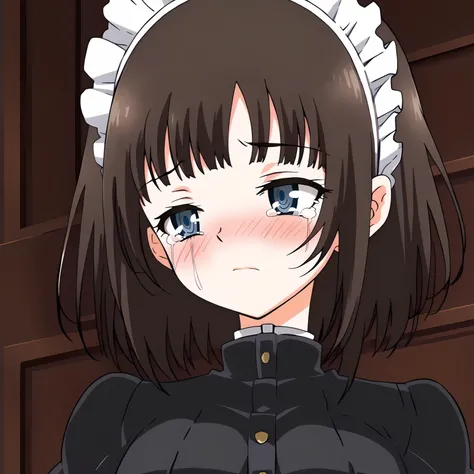 <lora:RurikawaTsubakiXLpony001>,
blush,looking to the side,half closed eyes,tears,
solo,
RurikawaTsubaki,1girl,brown hair,short hair,blue eyes,
maid,black jacket,
upper body,