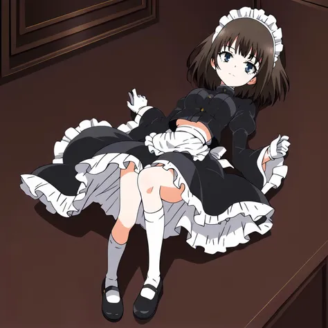 <lora:RurikawaTsubakiXLpony001>,
solo,
RurikawaTsubaki,1girl,brown hair,short hair,blue eyes,
maid headdress,
maid,wide_sleeves,
white gloves,
waist apron,
skirt,frills,
white socks,
mary janes,
full body,on stomach,the_pose,