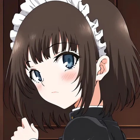 <lora:RurikawaTsubakiXLpony001>,
looking at viewer,blush,
solo,
RurikawaTsubaki,1girl,brown hair,short hair,blue eyes,
maid,black jacket,
upper body,