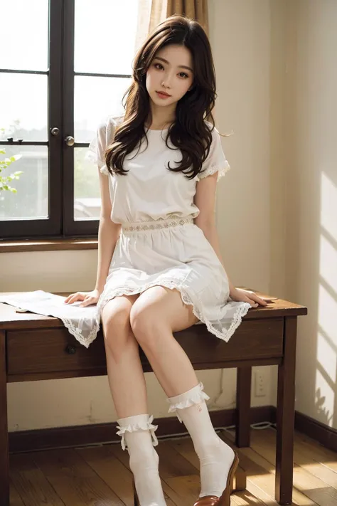 masterpiece, best quality, photo realistic, realistic, 1girl, <lora:rufflesocks:0.75> lace socks, long hair, sunlight, sitting on desk, full body, cute dress,