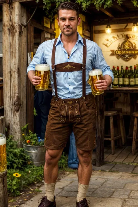 l3denh0sen, photo of a handsome polish man, muscular, celebrating oktoberfest, suspenders, shorts, socks, shoes, shirt, sleeves rolled up, beer mug, realistic, masterpiece, intricate details, detailed background, depth of field,