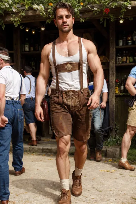 l3denh0sen, photo of a handsome young swiss man, muscular, suspenders, shorts, topless male, lake, cabin, mountain, chopping wood, axe, realistic, masterpiece, intricate details, detailed background, depth of field,