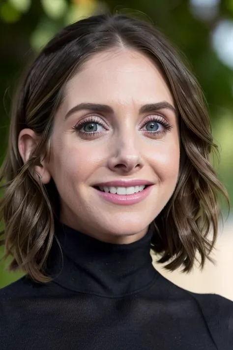 AlisonBrie, beautiful, smiling, (8k, RAW photo, best quality, masterpiece:1.2),ultra-detailed, black turtleneck (high detailed skin:1.2), 8k uhd, dslr, soft lighting, high quality, <lora:AlisonBrie:1>