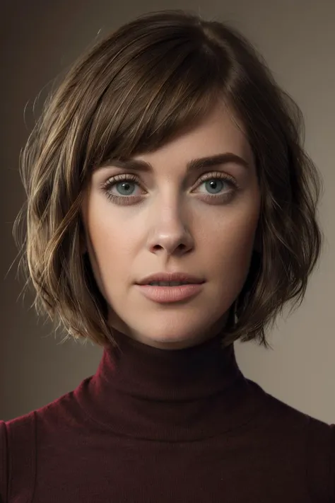 Best quality, masterpiece, ultra high res, (photorealistic:1.4), closeup portrait, AlisonBrie, (brown eyes:1.2), (straight bob haircut:1.2), wearing a red turtleneck, <lora:AlisonBrie:1>