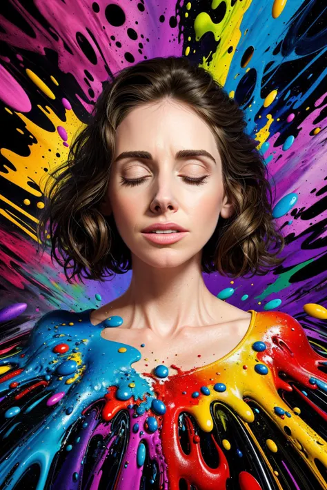 masterpiece, best quality, AlisonBrie, solo, closed eyes, upper body, splashing, abstract, psychedelic, <lora:AlisonBrie:1>