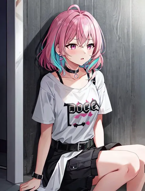 idolmaster, idolmaster_cinderella_girls, idolmaster_cinderella_girls_starlight_stage, yumemi_riamu, saito_katuo, 1girl, ahoge, alternate_color, annoyed, aqua_hair, belt, belt_collar, black_belt, black_choker, black_collar, black_shirt, bob_cut, bone_print, breasts, choker, collar, collarbone, cracked_wall, dot_nose, earrings, hair_between_eyes, hair_intakes, heart-shaped_lock, jewelry, jirai_kei, large_breasts, looking_away, looking_to_the_side, medium_hair, multicolored_hair, open_mouth, parted_lips, pill_earrings, pink_eyes, pink_hair, raised_eyebrows, shirt, short_hair, short_sleeves, skeleton_print, solo, t-shirt, two-tone_hair, upper_body