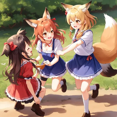 2fox girls, playing with each other's clothes, laughing wildly and having fun