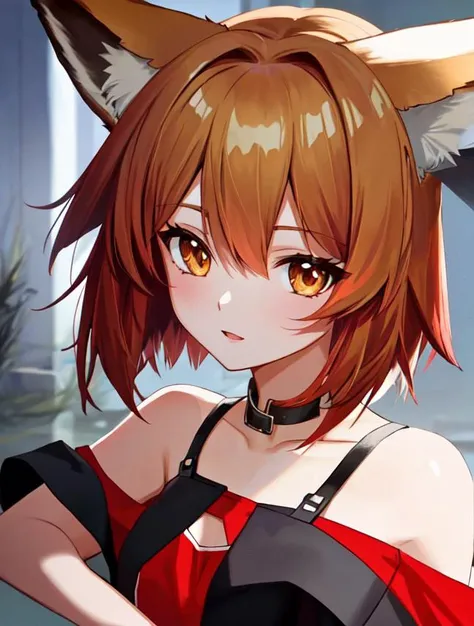 digital illustration of a fox girl with fox ears, red buruma, t-short top, choppy bob haircut, blonde hair color, pronounced feminine features, close up