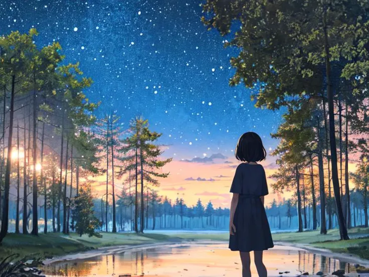 <lora:improve_backgrounds-10:1>,girl stands with her back to the viewer, (masterpiece:1.2, best quality:1.2), nature, stars, moon, landscape background, warm light, sunrise, forest, shadows, contrast, constellations