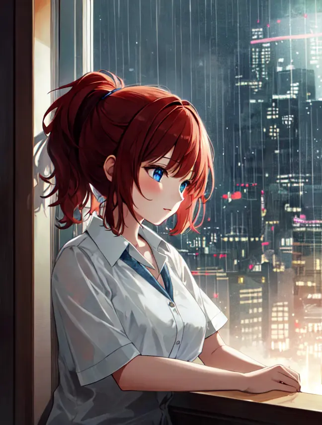 digital portrait of a red-head girl sitting, in a house, panoramic window, sideways, warm light, [ bob cut : ponytail : 10 ], blue eyes, school uniform, medium breasts, BREAK
city lights, night, heavy rain, masterpiece, best quality, illustration, detailed background, hdr, artstation, zoom_enhanced, sharp focus