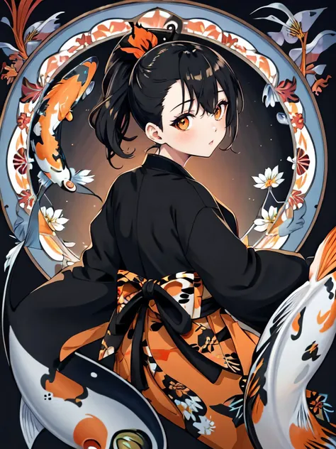 art nouveau of a girl, black ponytail, complex background, flying fish, (koi colors:1.3), [red theme|black theme]