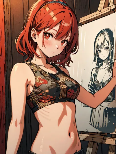 (painting on a woodcut), medium shot of a red head girl with amazing body, sketch
