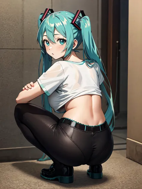 1girl, a hatsune miku, bra out from behind t-shirt, full body, squatting, pretty ass focus, looking at viewer