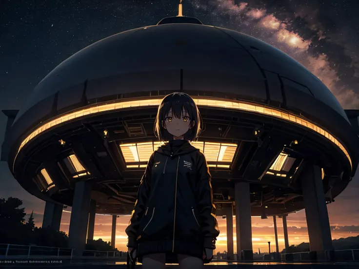 (cinematic look:1.3), complex background, dark theme, artstation, solo, 1girl, (posing:1.2), night, low key visual, monochrome, original, photoshop medium, scenery, science fiction, short hair, sky, star sky, sunset, tree, watermark, web address, yuuki makotoane-chan voiceroid, yellow theme, zzzzkylai, zzzy lvlvv
