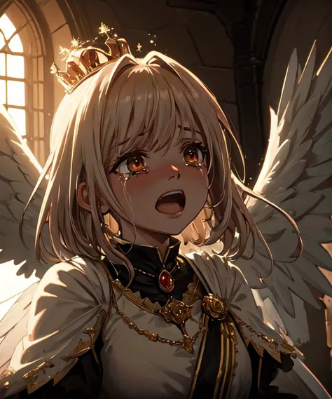 medium shot of a queen in angel guardian, [screaming::0.6], crying ,[red theme|gold theme|dark theme], hdr, hard light, artstation, in a gloomy castle