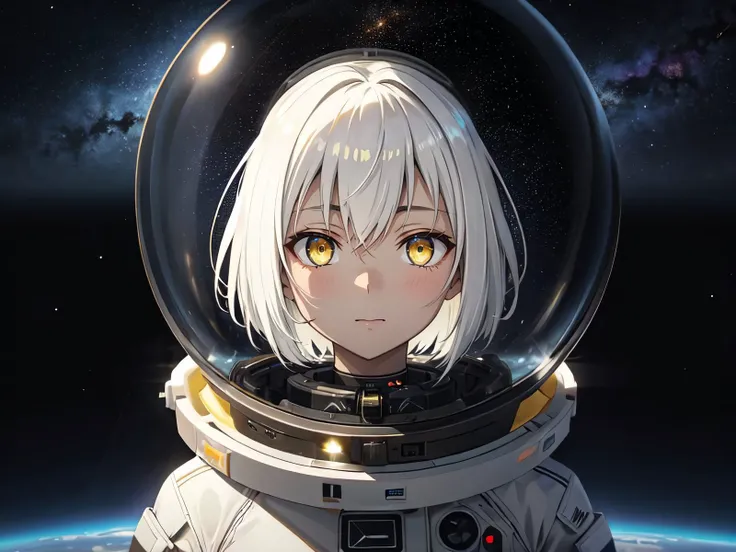 (cinematic look:1.3), complex background, dark theme, artstation, solo, 1girl, (posing:1.2), night, low key visual, meme, monochrome, no humans, original, photoshop medium, realistic, simple background, space helmet, spacesuit, star sky, starry background, traditional media, ukraine, v-fin, watercolor medium, white hair, yellow eyes, zenless zone zero gravity, zu