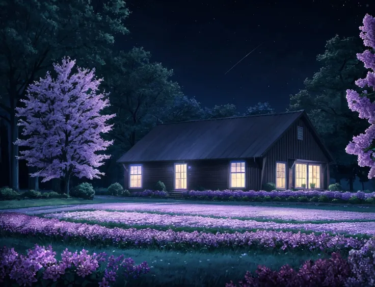 lilac field and flowers, trees, house around dark forest, at night, midnight blue