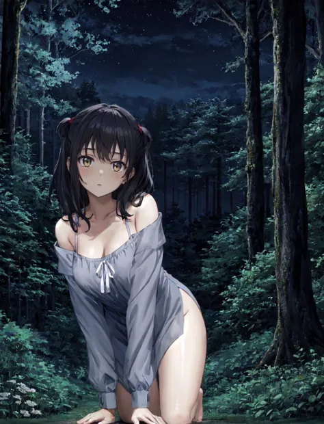 a girl in dark forest, at night