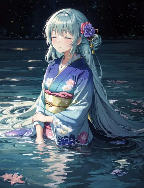 pastel painting art of a girl with long hairs in kimono, close eyes, underwater, midnight blue, water swirl, bokeh, flowers around