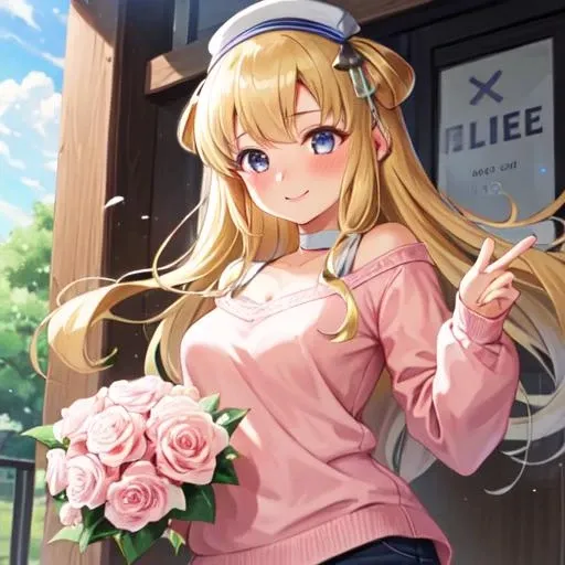 1girl, solo, smile, FletcherKC, 
FletcherCasual,
 pink sweater, long sleeves, (bouquet),
,  <lora:Fletcher-t09:1>